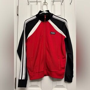 PINK Victoria's Secret Red & Black Track Jacket with Silver Glitter Stripes - S